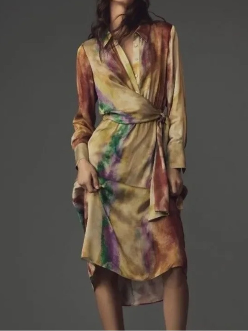By Anthropologie Long-Sleeve Tie-Front Midi Shirt Dress XS